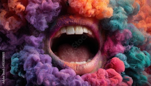 Close-up of a wide-open mouth, vibrant colors, smoke, and face paint