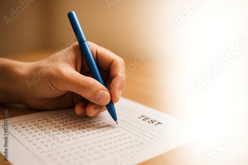Side view of a single hand gripping a blue pen mid-sentence, test form partially filled in