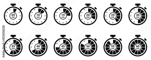 Timer icon. Black and white alarm clock icons showing time progression in 12 equal parts. Ideal for productivity tools and countdown visuals.