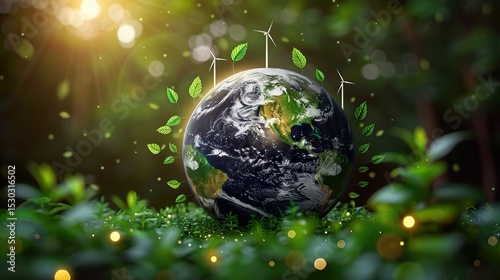 Planet Earth with Green Energy Symbols like Solar Panels and Wind Turbines Concept