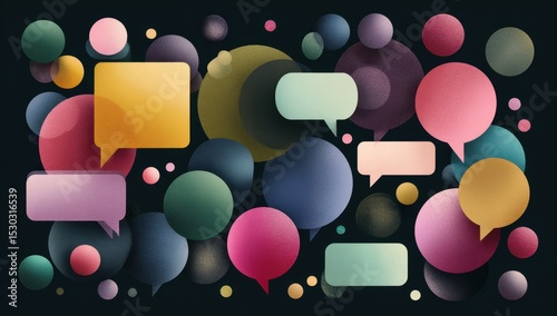 Abstract graphic with colorful overlapping shapes and speech bubbles
