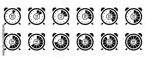Clock timer icons showing elapsed time. Vector alarm clock illustrations representing time passing in equal parts. Great for educational content, time management visuals, and infographics.