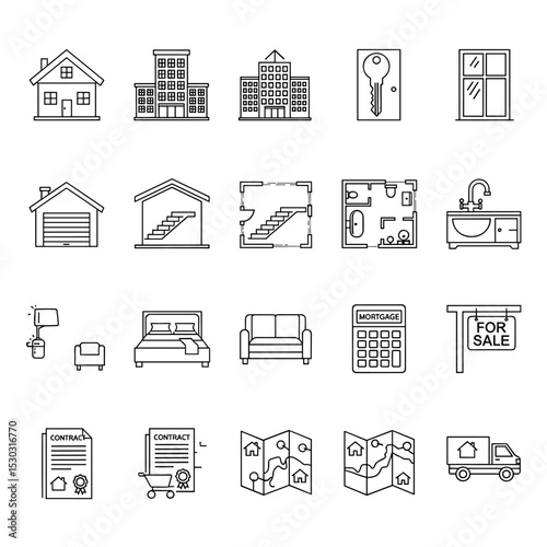 Home and Real Estate Icon Set: A versatile collection of meticulously designed icons encompassing diverse aspects of the real estate industry.