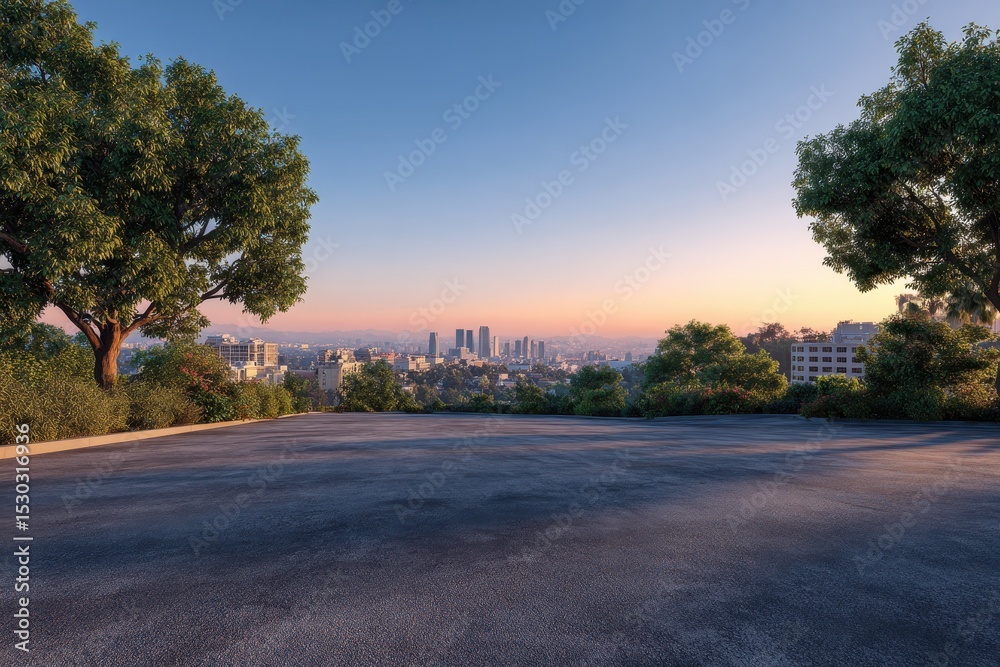 Fototapeta premium View of city skyline from asphalt surface with trees during sunset or sunrise time