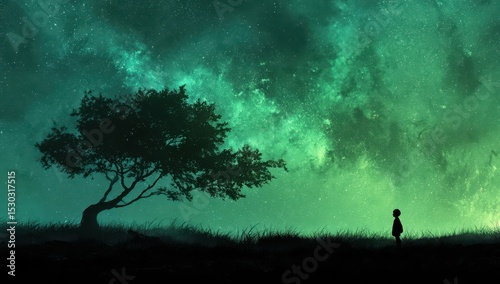 Child gazing at a starry night sky