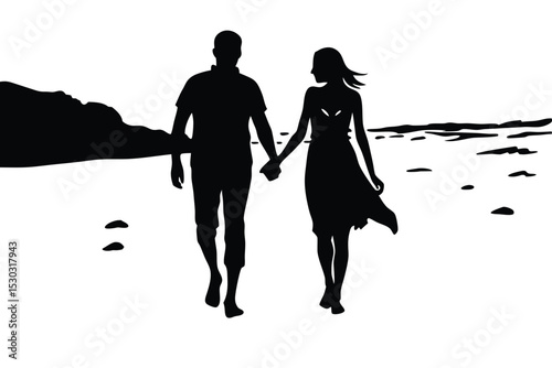 Silhouette couple holding hands walking on beach at sunset
