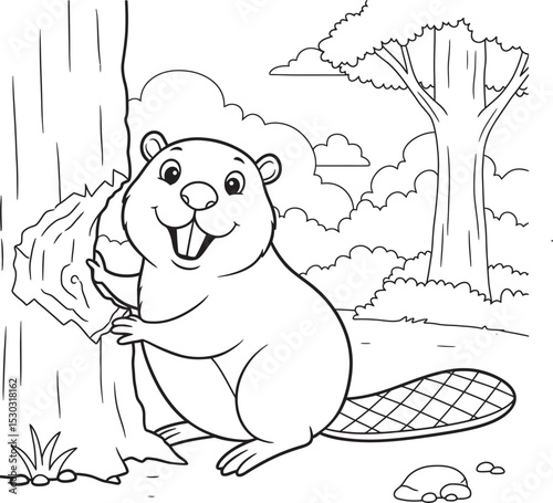 Beaver animals line art and outline coloring pages 