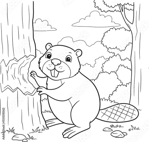 Beaver animals line art and outline coloring pages 