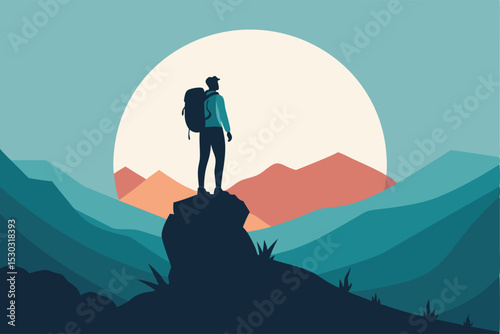 A lone hiker stands atop a rugged mountain ridge, silhouetted against a pale sky with a soft circular backdrop (1).eps