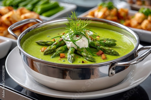 Delicious cream of asparagus soup with croutons, cream and dill in a metal bowl