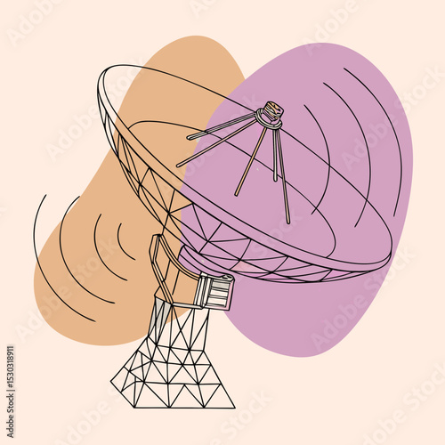 Illustration of a satellite dish with signals and shapes