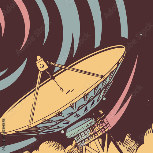 Illustration of a satellite dish with signal waves around