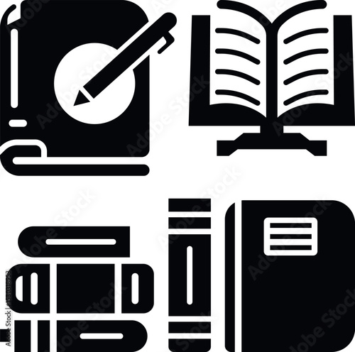 Four Book Icons in Simple Silhouette Style