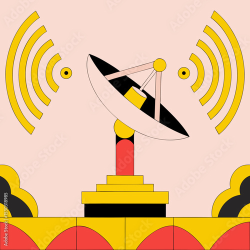 Illustration of a satellite dish with signal waves around