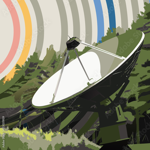 A large satellite dish amidst a forest with color bands