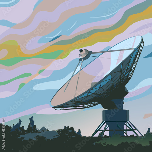 Illustration of a large satellite dish against cloudy sky