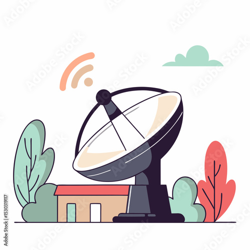 Satellite dish antenna with signal and nature illustration