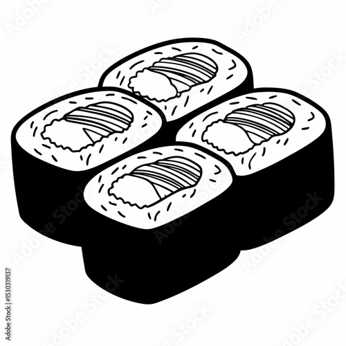 A close up view of four pieces of sushi in black and white
