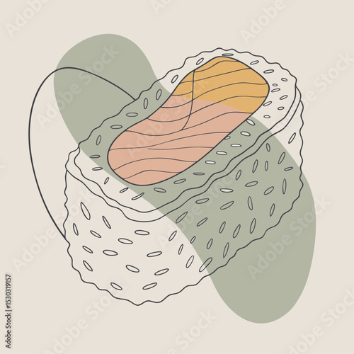 Illustration of a sushi roll with abstract background shapes