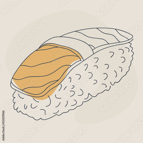 Illustration of a piece of salmon sushi on a beige background