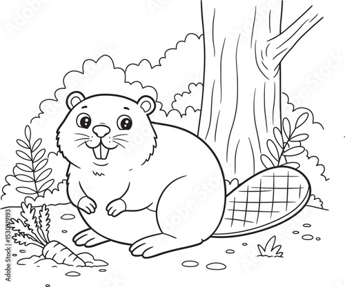 Beaver animals line art and outline coloring pages 