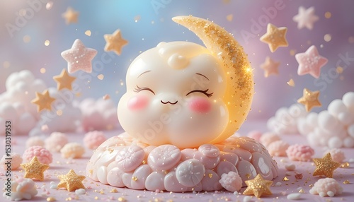 Puffy crescent moon with rosy cheeks and golden sparkle