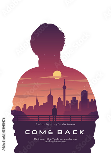Silhouette Man with Cityscape Sunset – Emotional Double Exposure Poster Illustration
