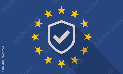 Shield and Checkmark Icon with Long Shadow on the European Union Flag.