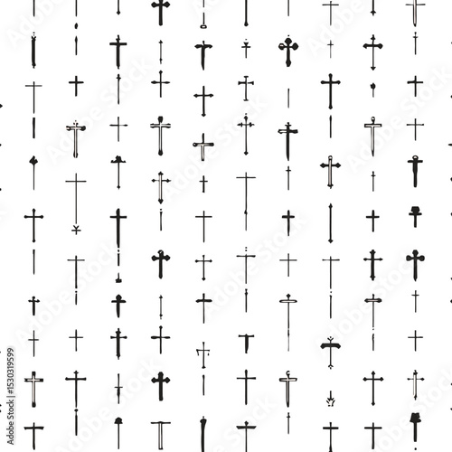 Seamless Pattern of Hand-Drawn Christian Crosses in Black and White for Religious Backgrounds.
