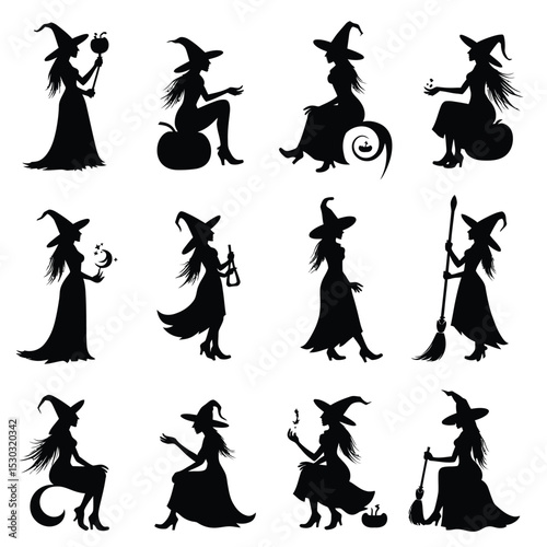 Silhouetted Witches in Various Poses: A Spooky and Enchanting Halloween Collection.