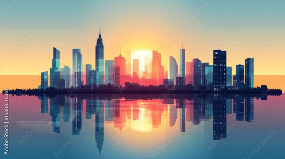 Obraz premium City skyline sunrise reflection, urban landscape, vibrant colors, calm water, artistic representation, beautiful scenery, perfect for backgrounds, posters