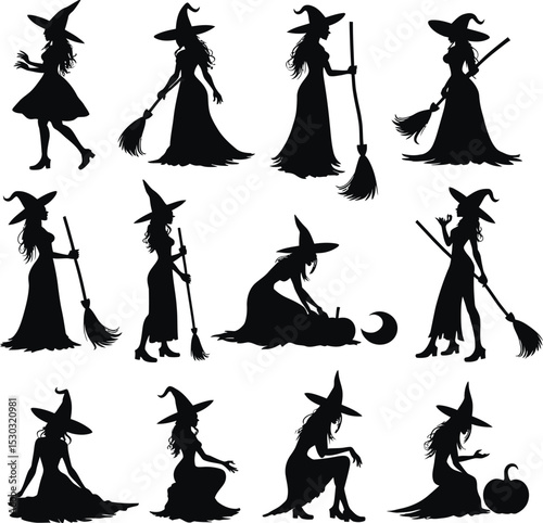 Silhouette Collection of Witches with Brooms and Pumpkins, Perfect for Halloween Designs.