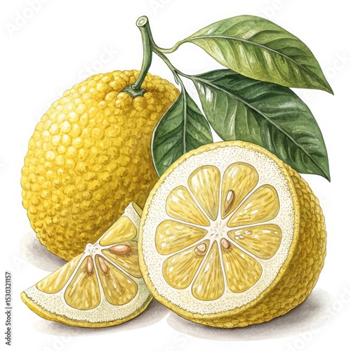 Yuzu citrus fruit with leaves isolated on white background