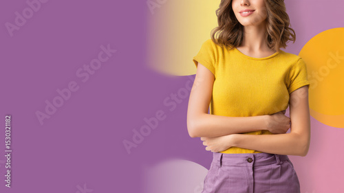 A woman holds her stomach which hurts due to menstrual problems isolated on pastel background