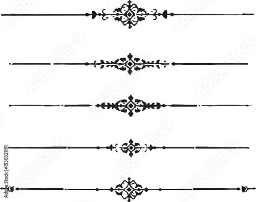 Set of Five Elegant Black Ornate Dividers, Borders, and Decorative Line Separators