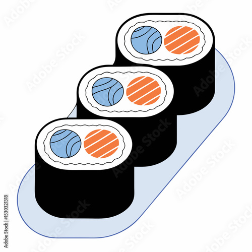 Three sushi rolls with salmon and tuna on a light plate