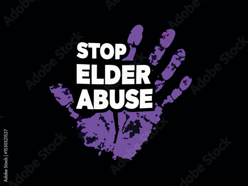 Stop Elder Abuse Awareness Graphic with Purple Handprint on Black Background


