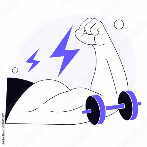 Illustrated arm lifting dumbbell with lightning bolts near