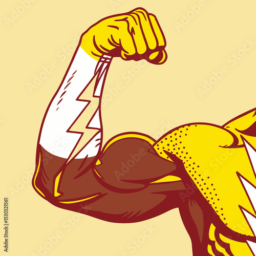 Illustration of a muscular arm with lightning bolt design