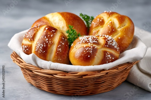 Freshly baked lye bread rolls garnished with parsley resting in wicker basket