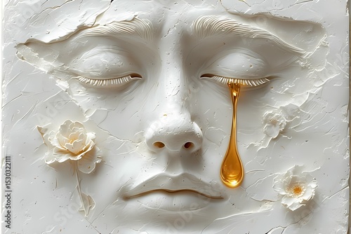 “A white face in low-relief with closed eyes, a single golden teardrop falling from one eye — emotive, minimalist, and deeply symbolic.”