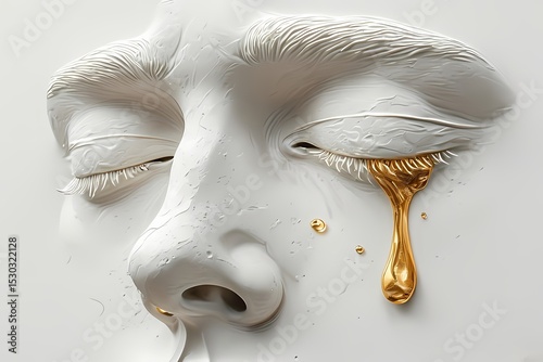 “A white face in low-relief with closed eyes, a single golden teardrop falling from one eye — emotive, minimalist, and deeply symbolic.”