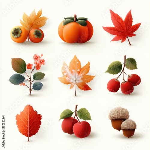 minimal vector icons of autumn elements on a white background, including persimmons, maple leaves, fallen leaves, red apples, and chestnuts