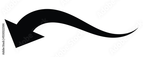 Curved down arrow icon. Flowing downward arrow. Black vector arrow. Wavy black arrow icon. Downward motion arrow on white background.