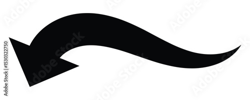 Curved down arrow icon. Flowing downward arrow. Black vector arrow. Wavy black arrow icon. Downward motion arrow on white background.