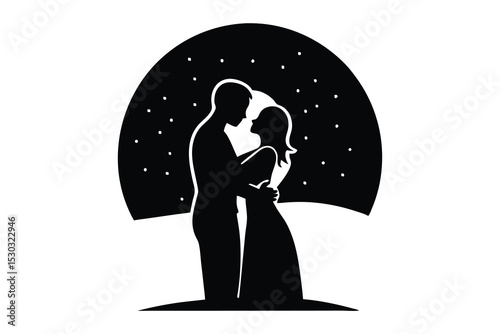 Silhouette couple hugging at sunset