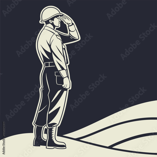 A soldier in uniform salutes against a dark background with stylized terrain