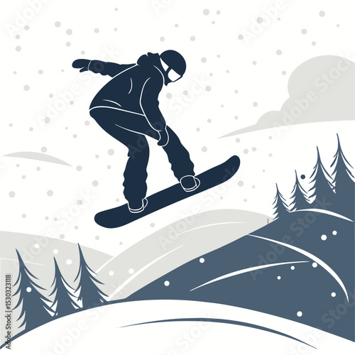 A snowboarder catches some air on a snowy mountain slope scene