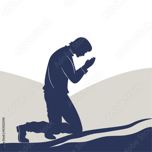 A somber silhouette of a man kneeling, perhaps in prayer or reflection