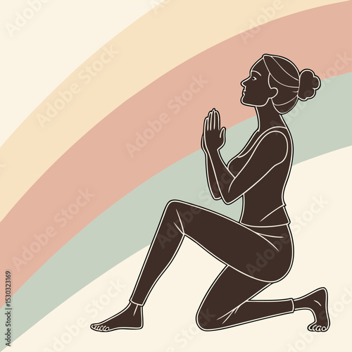 Contoured woman in prayer pose with rainbow background in retro color scheme